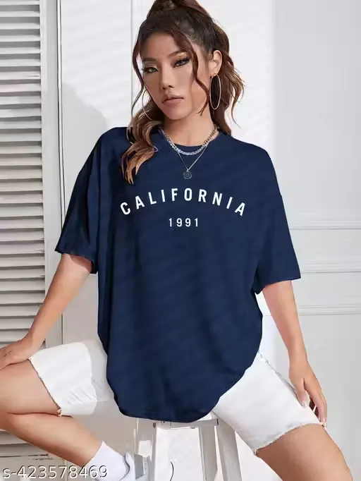 Being Wanted Oversized Printed Women's Half Sleeve Round Neck Navy Blue Cotton T-shirt