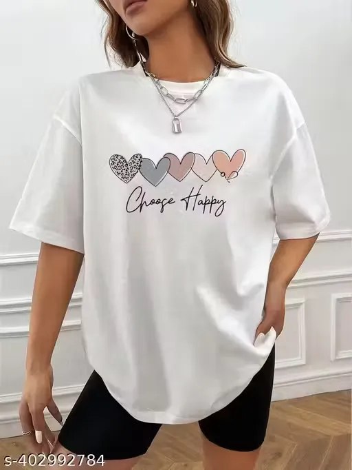 Women oversized T-shirt choose Happy white cotton blend half sleeve t-shirt