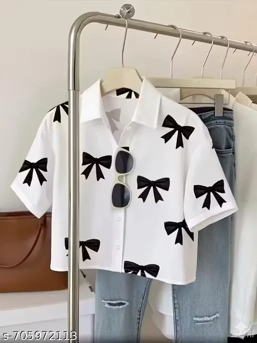 Women White Bow Print Short Sleeve Casual Shirt