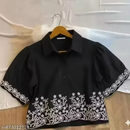 Floral Embroidery Spread Collar Crop Top and shirt