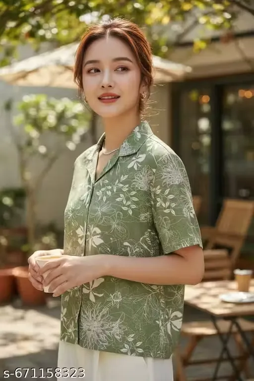Solixon Western Wear Women Olive Green Floral Printed Casual Half Sleeve Shirt