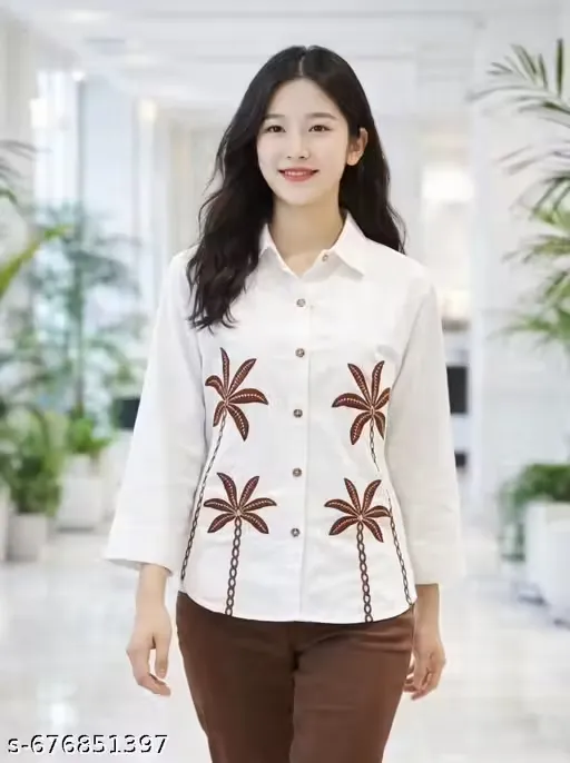 White Women’s Shirt with Brown Palm Tree Embroidery.