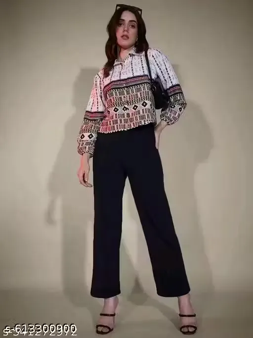 Polyester white navy bubble sleeve tribble printed shirt women