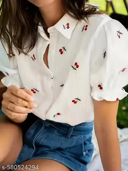 Women's Cherry Print Sweet Spring Summer Short Sleeve Shirt with Red & White Floral Design