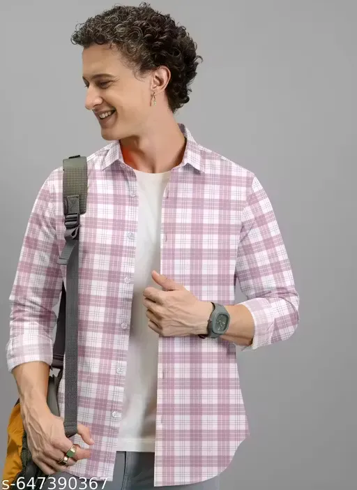 Men's Pink & White Checked Casual Cotton Regular Fit Full Sleeve Shirt