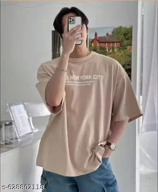 MENS STYLISH BEIGE COTTON BLEND OVERSIZED LOOSE FIT TSHIRT FASHIONABLE
