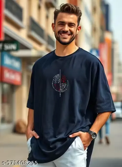 Men's Oversized Printed Round Neck Cotton Blend T-shir