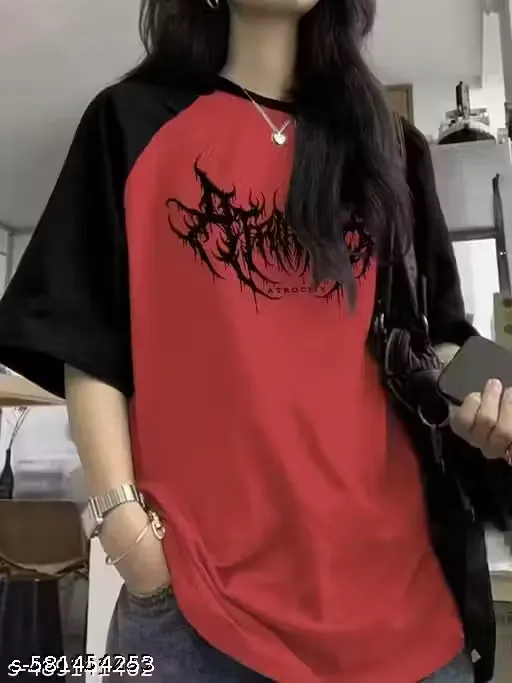 WOMEN Graphic Printed Round Neck Red Colour Raglan Sleeves Oversize T-Shirt
