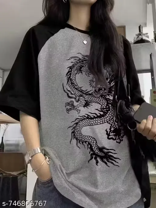 AYIZA WOMEN Graphic Printed Round Neck Grey Colour Raglan Sleeves Oversize T-Shirt