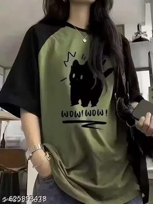 Ackeberry Graphic Printed Round Neck Green Colour Raglan Sleeves Oversize T-Shirt