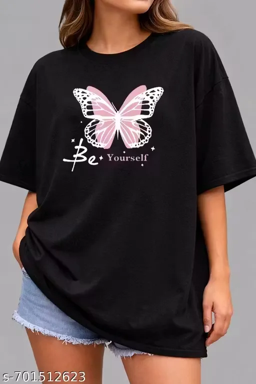 Women Black T-Shirt Butterfly Print